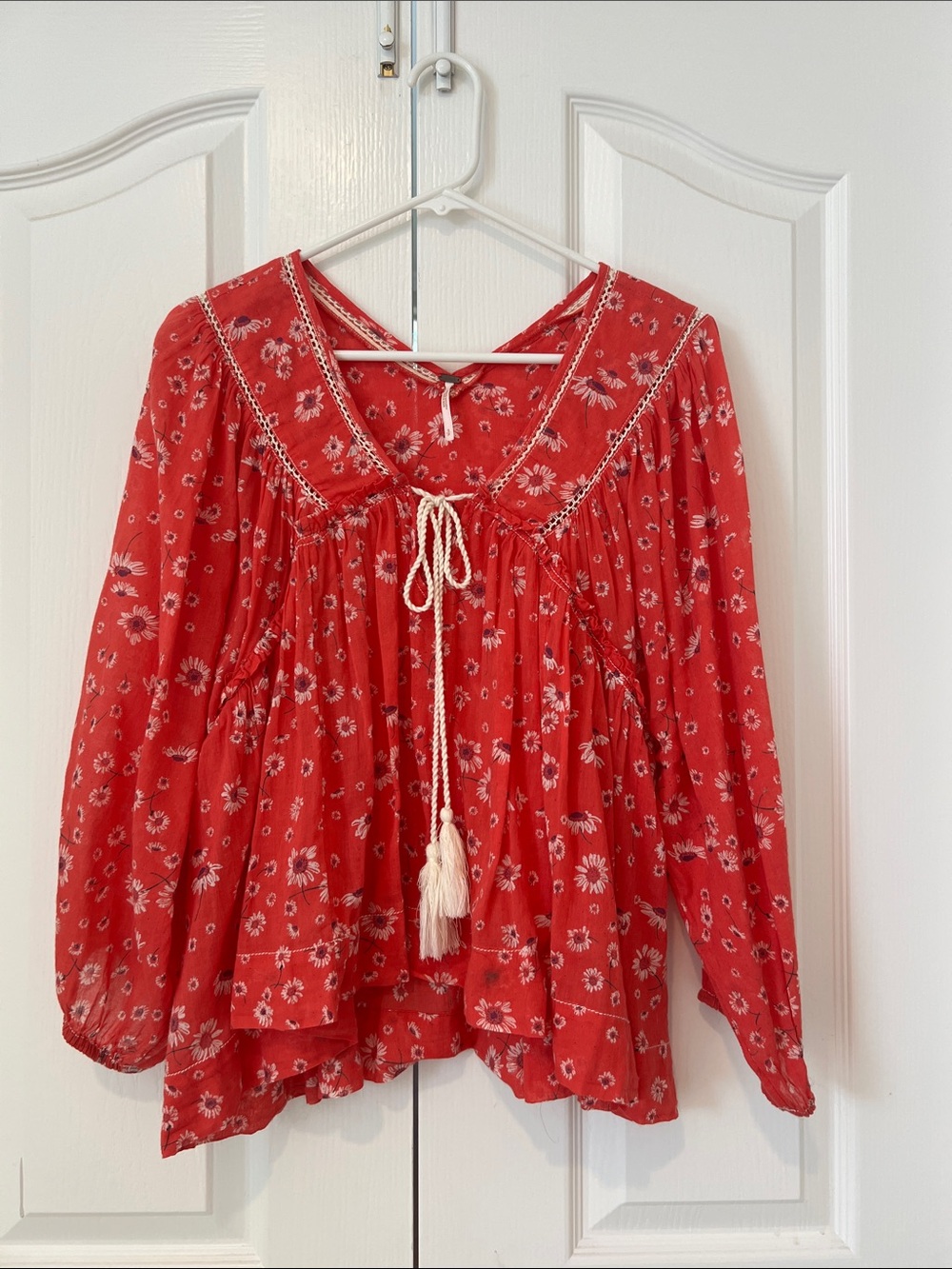 Women's Red Floral Peasant Blouse with Tassel Tie